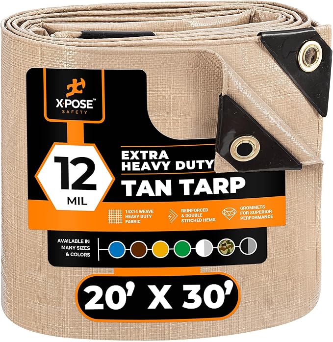 Heavy Duty Tan Poly Tarp 20' X 30' - Multipurpose Protective Cover - Durable, Waterproof, Weather Proof, Rip and Tear Resistant - Extra Thick 12 Mil Polyethylene - by Xpose Safety