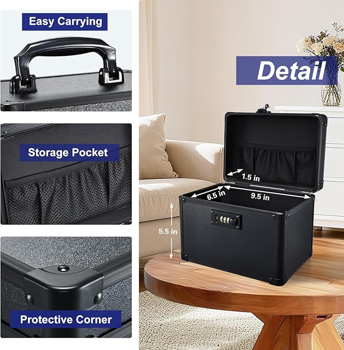 Lockable Security Storage Box - Shiny Black Safe Combination Lock Box, Cabinet Med Organizer, 10 x 7 x 9 Inches Safe Case for Documents, Valuables, Medicine & Money