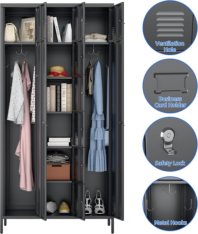 Metal Lockers for Employees with 10 Doors, 72" H Steel Lockable Storage Lockers with 6 Hooks and 10 Card Holder for Office, Home, Gym, School, Employees, Dark Grey