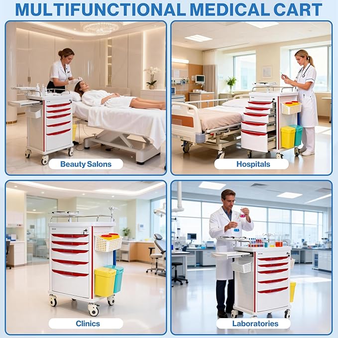 Pochar Medical Crash Cart with Emergency Accessory - Cardiac Board, IV Pole, O2 Holder, Power Strip, Trash Bin, Drawers with Dividers - Mobile Emergency Cart for Hospitals and Clinics
