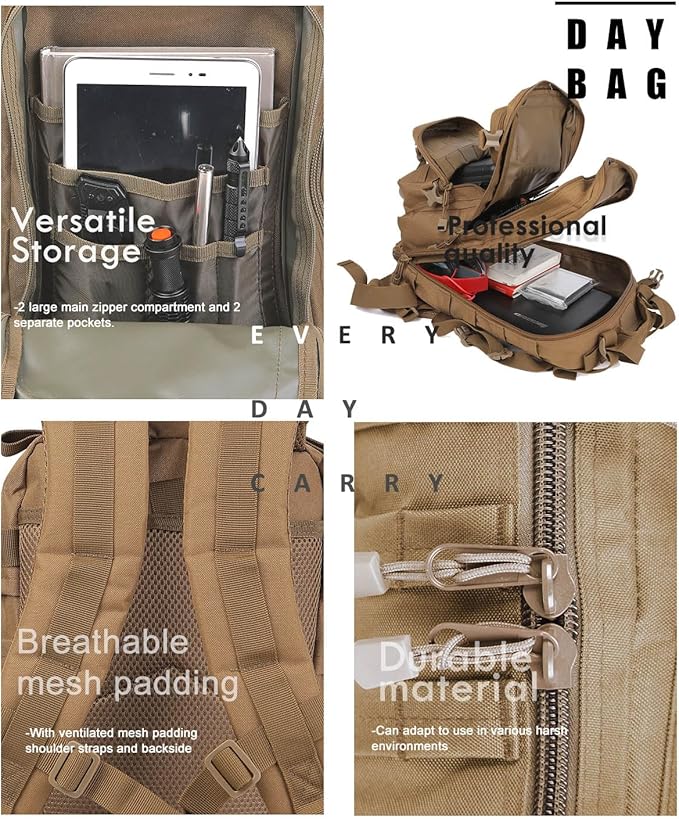 Small Tactical Backpack Military Daypack - 30L Backpack for Men Molle Assault Pack Bug Out Bag for Hiking Camping Travel Army Hunting Rucksack Trekking (Coyote)