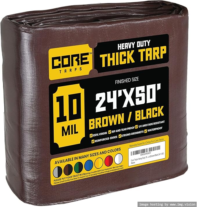 Core Tarps Heavy Duty 10 Mil Tarp Cover, Waterproof, UV Resistant, Rip and Tear Proof, Poly Tarpaulin with Reinforced Edges for Roof, Camping, Patio, Pool, Boat (Brown/Black 24′ X 50′)