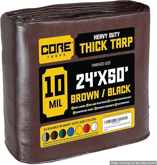 Core Tarps Heavy Duty 10 Mil Tarp Cover, Waterproof, UV Resistant, Rip and Tear Proof, Poly Tarpaulin with Reinforced Edges for Roof, Camping, Patio, Pool, Boat (Brown/Black 24′ X 50′)