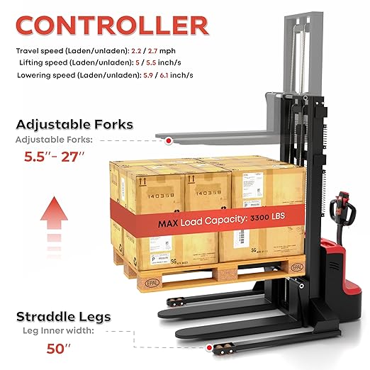 Full Electric Forklift Walkie Pallet Stacker with Fixed Straddle Legs and Adjustable Forks 5.50 Inch to 27 Inch – Material Lifter 3300lbs Capacity 10 Ft/118 Inch Lifting Heights (US-ES33K-118)