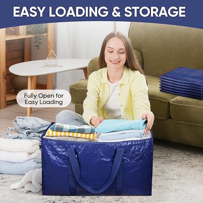 TICONN 8 Pack Extra Large Moving Bags with Zippers & Carrying Handles, Heavy-Duty Storage Tote Moving Boxes for Space Saving (8 Pack, Navy)