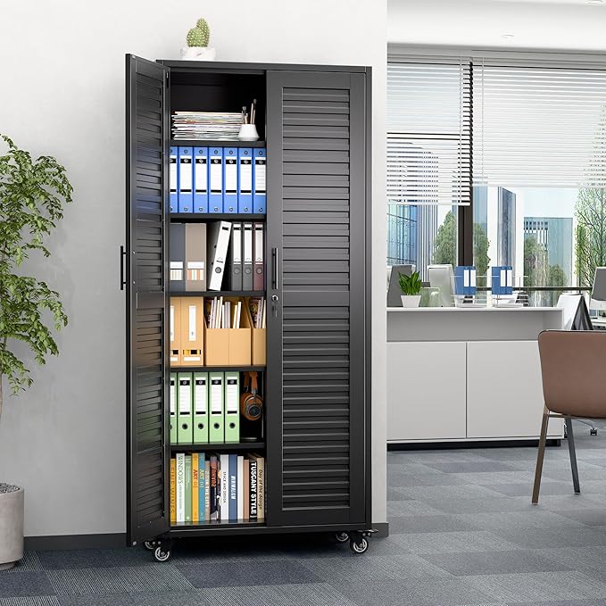 Garage Storage Cabinet with Wheels, Lockable Metal Storage Cabinet with 5 Adjustable Shelves, Magntic Door for Garage Home Office Utility Room,Required Assembly,Black,70.87"H x 31.5"W x 15.75"D
