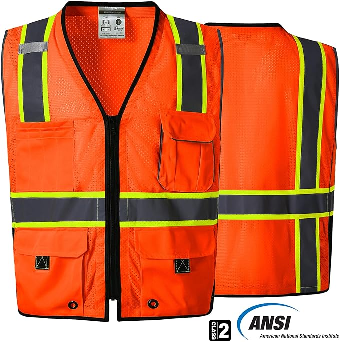 SKSAFETY 10 Pockets Professional level Safety Vest, Class 2 High Visibility Security Vest with Zipper, Hi Vis Vest with Reflective Strips, ANSI/ISEA Standard, Construction Work Vest（Orange, 4XL）