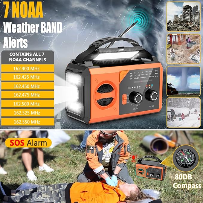 20000mAh Emergency Weather Radio with Wireless Speaker, 74000mWh NOAA/AM/FM Hand Crank Solar Radio with Flashlight Cell, Phone Charger, Compass, Reading Lamp, SOS Alarm