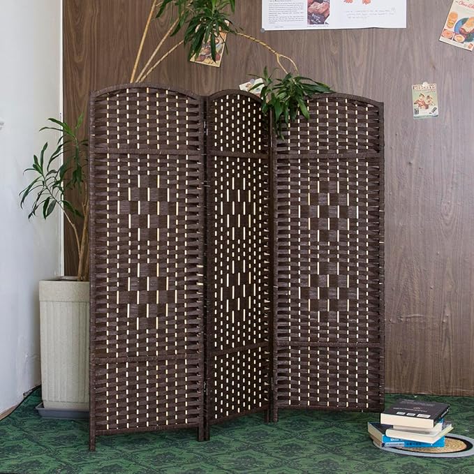 3 Panel Rattan Divider Short Room Partition Screen,Double Sided Folding Divider for Room Separation,Dark Brown,47.2" H x 47.2" W
