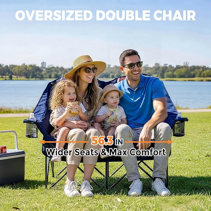 Oversized Double Camping Chair - 2 Person Portable Folding Outdoor Loveseat Heavy Duty Lawn Chairs for Adults with Padded Cushion & Dual Cup Holders, Supports 660LBS for Camping，Sports，Picnic