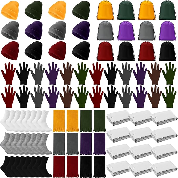 Suhine 72 Pcs Homeless Care Package Supplies Bulk Winter Emergency Blanket Glove Beanies Scarves Sock Drawstring Bag Unisex