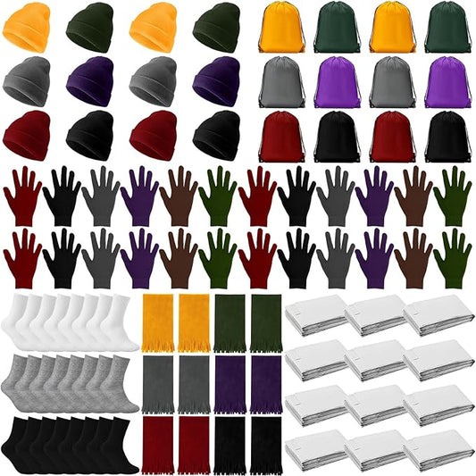 Suhine 72 Pcs Homeless Care Package Supplies Bulk Winter Emergency Blanket Glove Beanies Scarves Sock Drawstring Bag Unisex