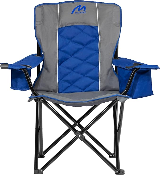 Oversized Padded Camping Chair, Heavy-Duty Steel Frame for 450 lbs Supports, Convenient 6-Can Cooler, Portable Carry Bag, Perfect for Outdoor, Beach, and Hiking (Gray & Sapphire Blue)