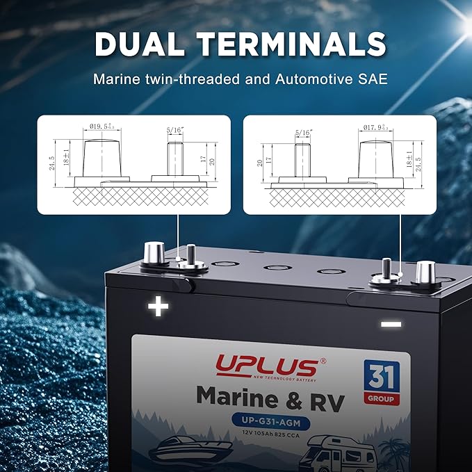 UPLUS BCI Group 31M Dual Purpose Marine Battery, 12V 105Ah 825CCA AGM Starting and Deep Cycle RV & Boat's Batteries for Navigation Devices, Lights and Engines etc.