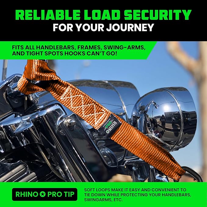 Rhino USA Soft Loop Tie Down Straps (4-Pack) - 1.6 Inch x 17 Inch (5,000 lbs Break Strength) Heavy Duty Motorcycle Handlebar Straps for use with Ratchets for ATV, UTV, Dirt Bike (Orange)