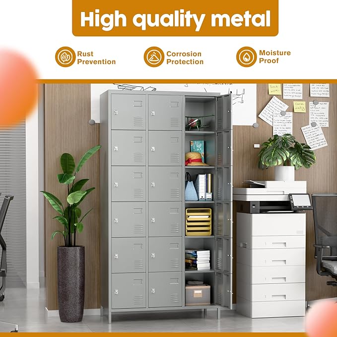 Metal Lockers for Employees, Steel Storage Locker with 18 Doors for School Office Gym Bedroom,Assembly Required, Light Grey,18 Doors