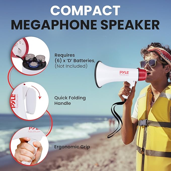 Pyle Megaphone Speaker PA Bullhorn Built-in Siren - Adjustable Volume Control & 1200Yard Range - for Football, Soccer, Baseball, Hockey & Basketball Cheerleading Fans & Coaches or for Safety Drills