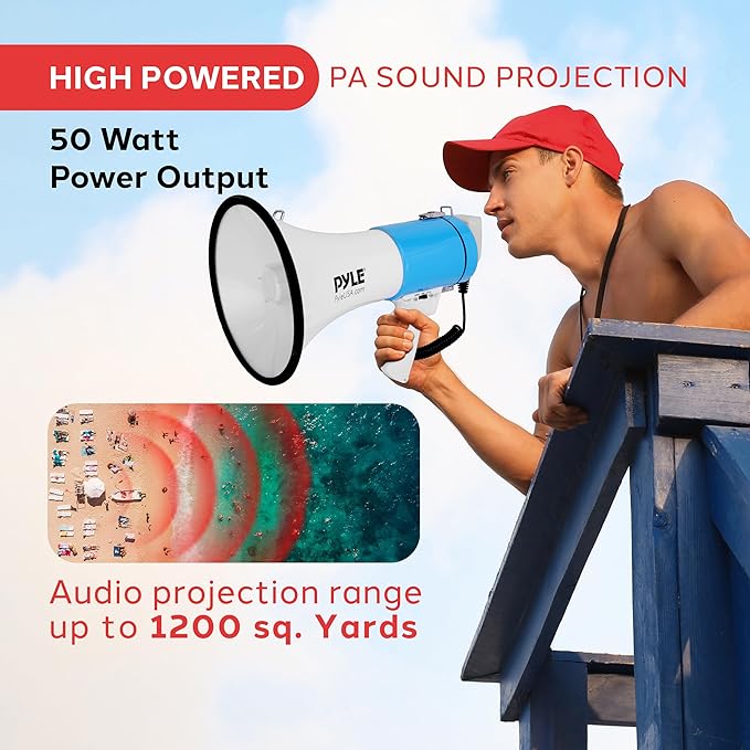 Pyle 50W Megaphone Bullhorn - Portable, Automatic Siren & Adjustable Volume, Projection Range Up to 1200 Square Yards, Aux Input, Talk, Siren, Music, Whistle, & Record, Shoulder Strap (Black)