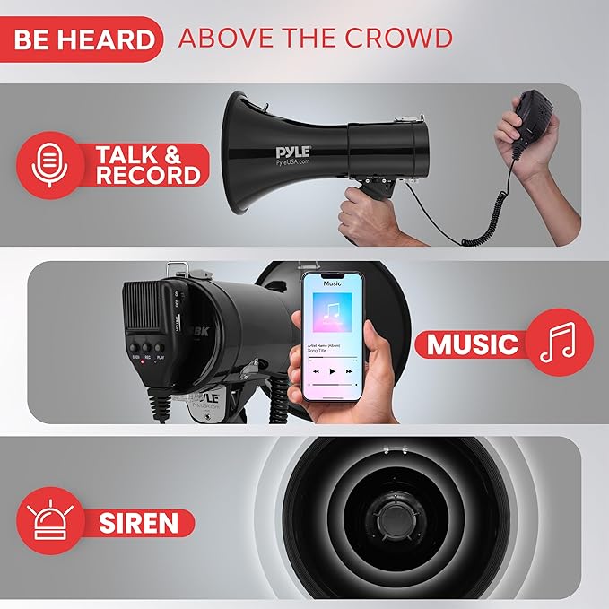 Pyle 50W Megaphone Bullhorn - Portable, Automatic Siren & Adjustable Volume, Projection Range Up to 1200 Square Yards, Aux Input, Talk, Siren, Music, Whistle, & Record, Shoulder Strap (Black)