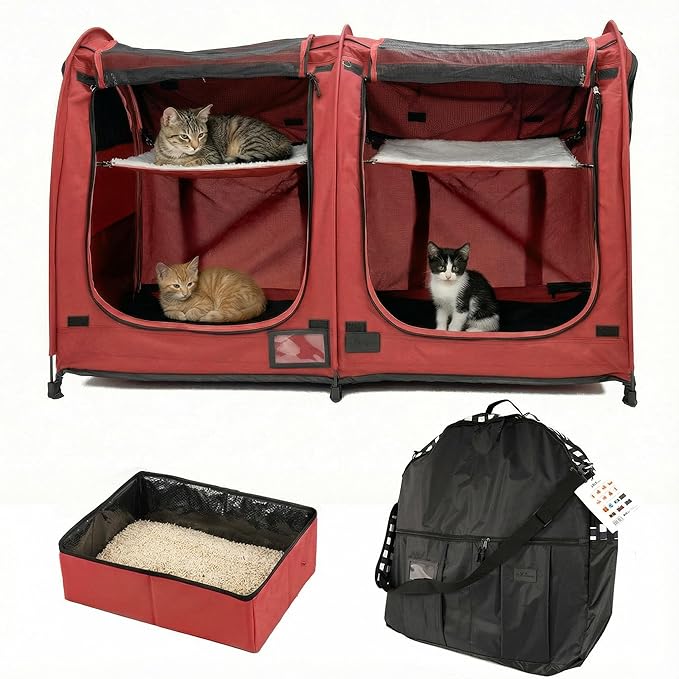 Mispace Portable Twin Compartment Show House Cat Cage/Condo - Easy to Fold & Carry Kennel - Comfy Puppy Home & Dog Travel Crate with Portable Carry Bag/Two Hammocks/Mats and Collapsible Litter Box