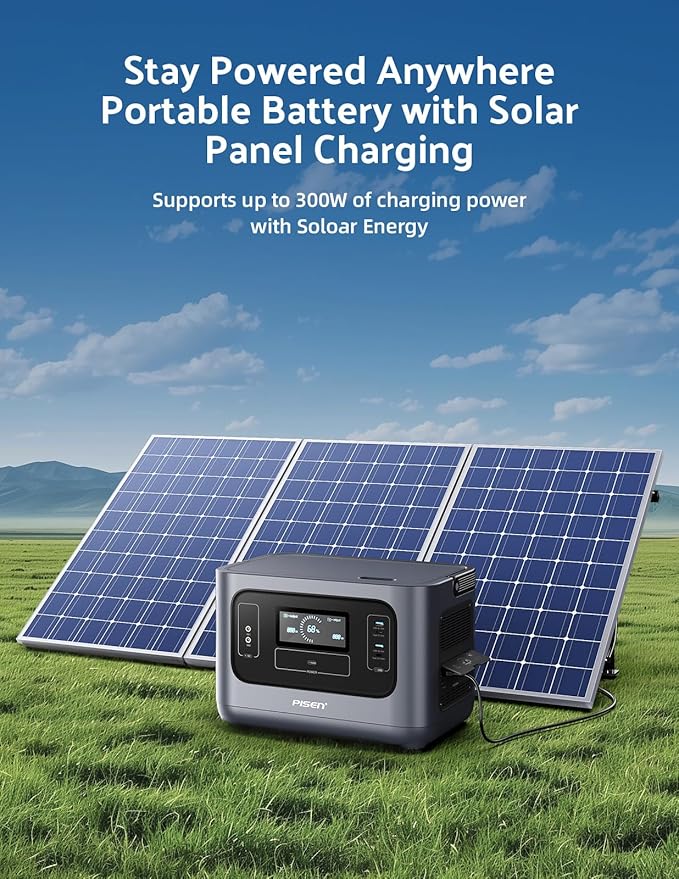 PISEN Portable Power Station 1000W, Solar Generator with Fast Charging, 1008WH LiFePO4 Battery for Home Backup Power, Travel, Camping and RVs