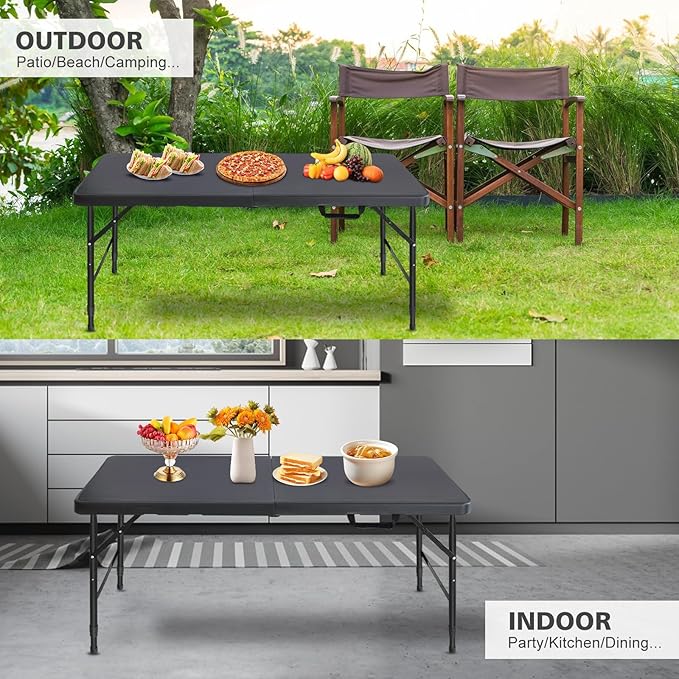 Portable 4Ft Adjustable Height Plastic Folding Table, Heavy Duty Fold-in-Half Table with Carrying Handle, Small Utility Foldable Table for Picnic Party Camping BBQ, Indoor/Outdoor(Black)
