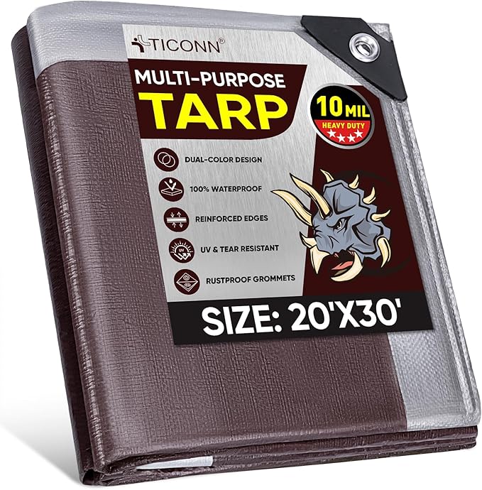 TICONN Heavy Duty Tarp Cover, Extra Thick Tarps Waterproof Tear and Rip Proof UV Resistant Tarpaulin with Reinforced Grommets and Edges (10 Mil, 20'x30')