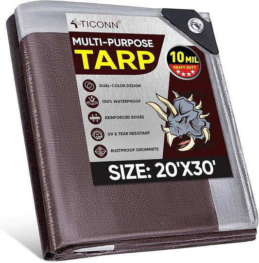 TICONN Heavy Duty Tarp Cover, Extra Thick Tarps Waterproof Tear and Rip Proof UV Resistant Tarpaulin with Reinforced Grommets and Edges (10 Mil, 20'x30')