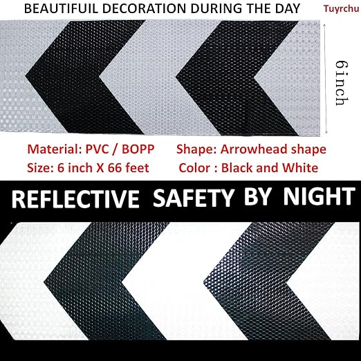 Reflective Tape Black White 6 inch Wide for Bikes, Outdoor Waterproof High Visibility Safety Warning Adhesive Strips (66 feet)
