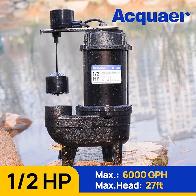 Acquaer 1/2HP Sump Pump Submersible, 6000 GPH Cast Iron Sewage Pump with Automatic Integrated Vertical Float Switch and Piggyback Plug, 2'' NPT Discharge Basements Pump for Sewers, Flood Zones