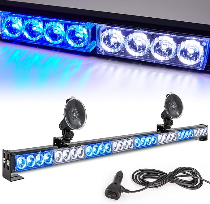 LE-JX Blue/White Emergency Strobe Light Bar 36 Inch 13 Flash Patterns Traffic Advisor Warning Hazard Windshield Safety Lights Bar for Police Volunteer Firefighter Vehicle, Cop Truck (35.5 Inch,32 Led)
