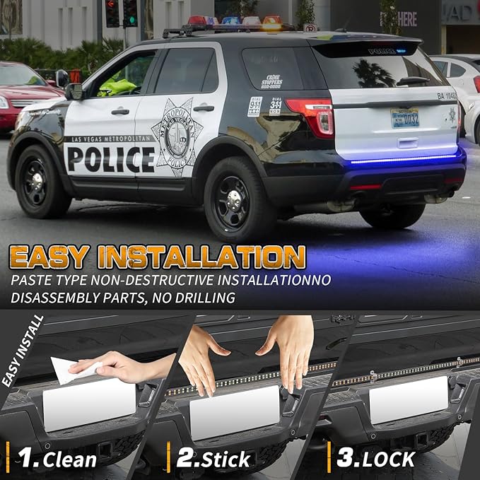XRIDONSEN 48 inch Tailgate Blue Emergency Lights Strip 288 LED Tail/Rear Window Strobe Light Strip Firefighter Police Lights Flashing Warning Hazard Safety Caution for Vehicles Trucks Pickup POV SUV