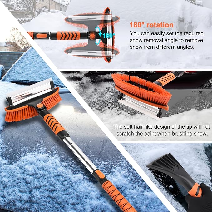 Car Snow Brush Snow Shovel Kit, 42'' Extendable Ice Scrapers and Snow Brushes for Car Windshield with Foam Grip 180° Pivoting Brush Head Snow Scraper, 39'' Extendable Emergency Snow Shovel for Car