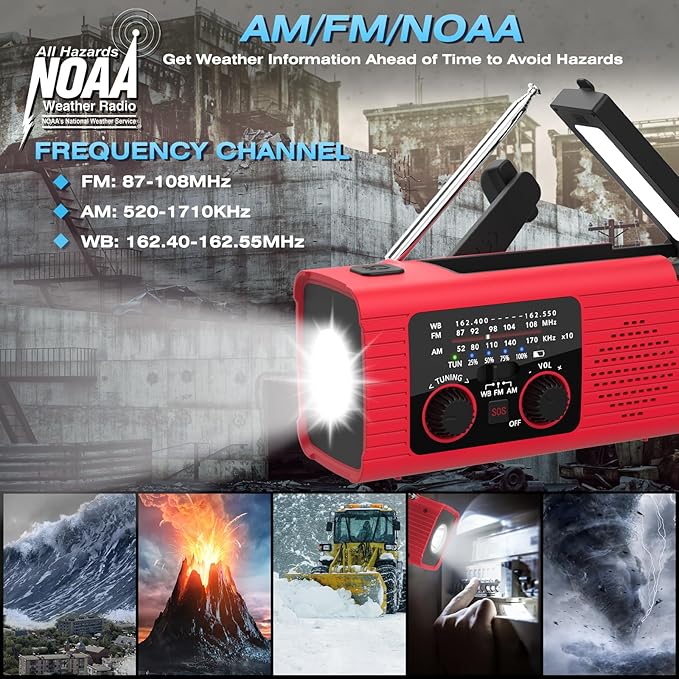 Emergency Weather Radio NOAA AM FM WB with 4000mAh Rechargeable Radio, USB Solar Hand Crank Charging, Flashlight, SOS Alarm, Reading Lamp Portable for Outdoor Indoor Emergencies, 2 Pack