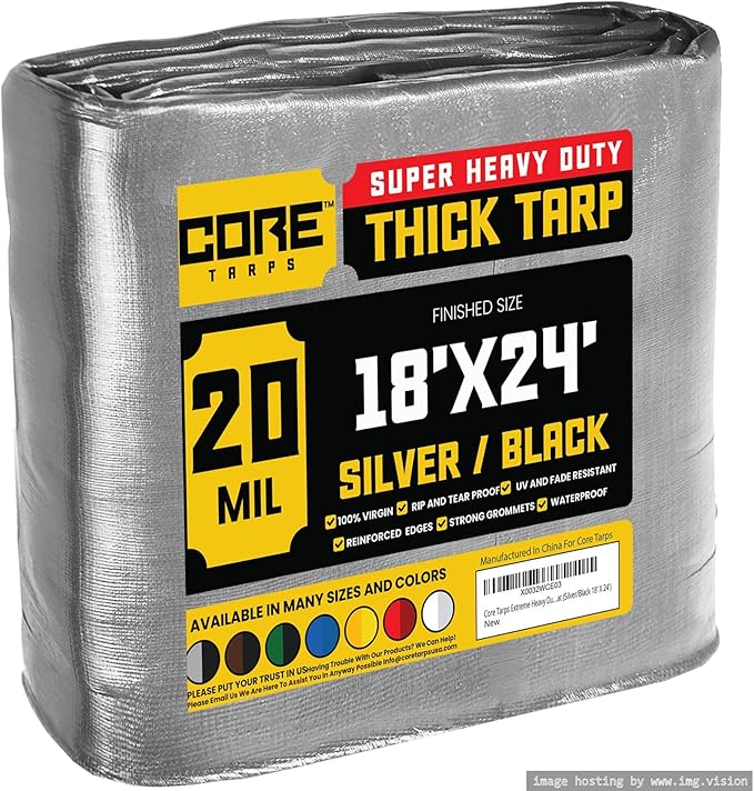 Core Tarps Extreme Heavy Duty 20 Mil Tarp Cover, Waterproof, UV Resistant, Rip and Tear Proof, Poly Tarpaulin with Reinforced Edges for Roof, Camping, Patio, Pool, Boat (Silver/Black 18′ X 24′)