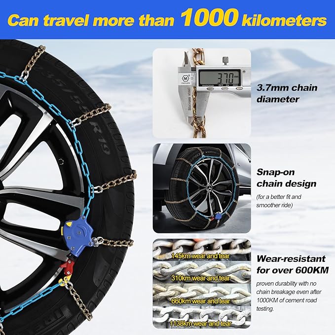 Auto Tightening Snow Chains for Cars, SUVs & Pickup Trucks – 1-Min Quick-Fit Auto Installation, Reusable Universal Emergency Traction Tire Chains – Set of 2（ALN130）
