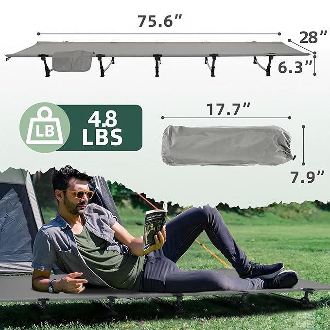 Elevon Camping Cot, 28" Extra Wide Sleeping Cot, Portable Folding Tent Camping Bed, Compact for Outdoor Travel, Base Camp, Hiking, Mountaineering, Lightweight Backpacking, 400lb Capacity