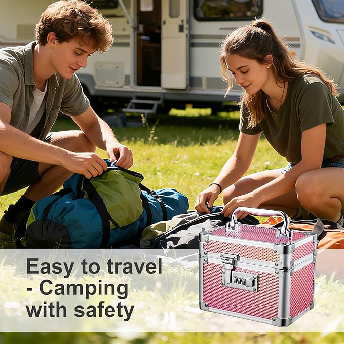 Adazzo Lockable Medicine Storage Box - Shiny Pink Cabinet Med Lock Organizer, 7 * 5.25 * 5.75 Inches Safe Case with Combination Lock for Home, Dorm, Office, or Travel - Mini Size