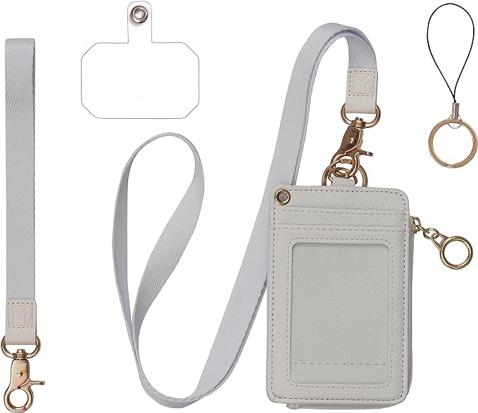 2-in-1 ID Badge Holder & Lanyard Wallet - Multi-Use Womens Small Wallet with Removable Wristlet & Neck Lanyard, Clear Window, 5 Card Slots, Phone Holder, Ring Keychain - Off White