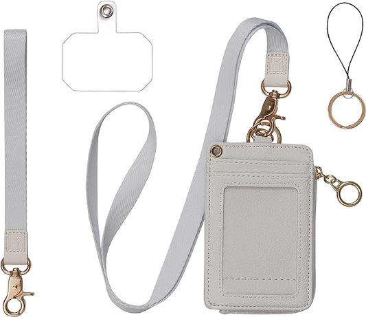 2-in-1 ID Badge Holder & Lanyard Wallet - Multi-Use Womens Small Wallet with Removable Wristlet & Neck Lanyard, Clear Window, 5 Card Slots, Phone Holder, Ring Keychain - Off White