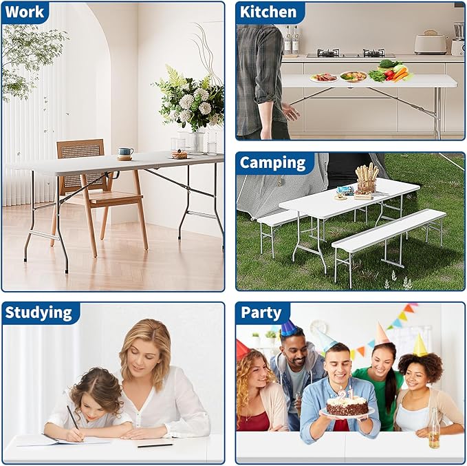 Folding Table 6ft, Foldable Portable Heavy Duty Plastic Fold-in-Half Utility Table with Handle & Safety Locks, Picnic Table Indoor Outdoor for Camping, Picnic and Party