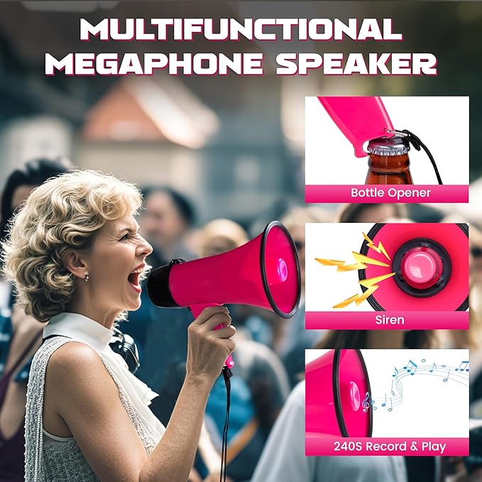 MyMealivos Portable Megaphone Bullhorn 20 Watt Power Megaphone Speaker Voice and Siren/Alarm Modes with Volume Control and Strap (Deeppink)…