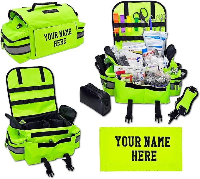 Lightning X Personalized First Responder EMT EMS Trauma Bag w/Stocked First Aid Fill Kit B & Custom Embroidered Name Patch (Fluorescent Yellow)