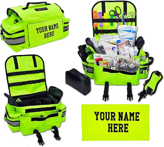 Lightning X Personalized First Responder EMT EMS Trauma Bag w/Stocked First Aid Fill Kit B & Custom Embroidered Name Patch (Fluorescent Yellow)