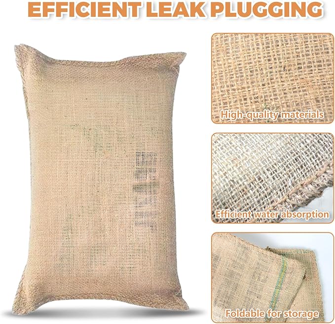 10-Pack Reusable Sandless Flood Barriers, 16x24 in Heavy-Duty Burlap Bags, Expands to 44 lbs for Home, Garage, Basement, or Tent Use