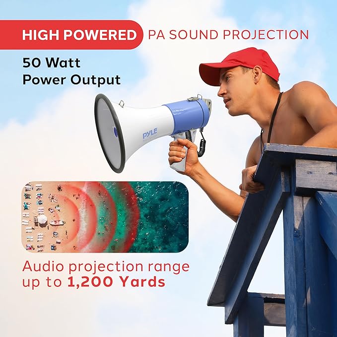 Pyle Megaphone PA Bullhorn Speaker - Built-in Siren 50 Watts Rechargeable Battery- 10 Sec Record Function for Football Baseball Basketball Cheerleading Fans Coaches or for Safety Drills - (PMP59IR)