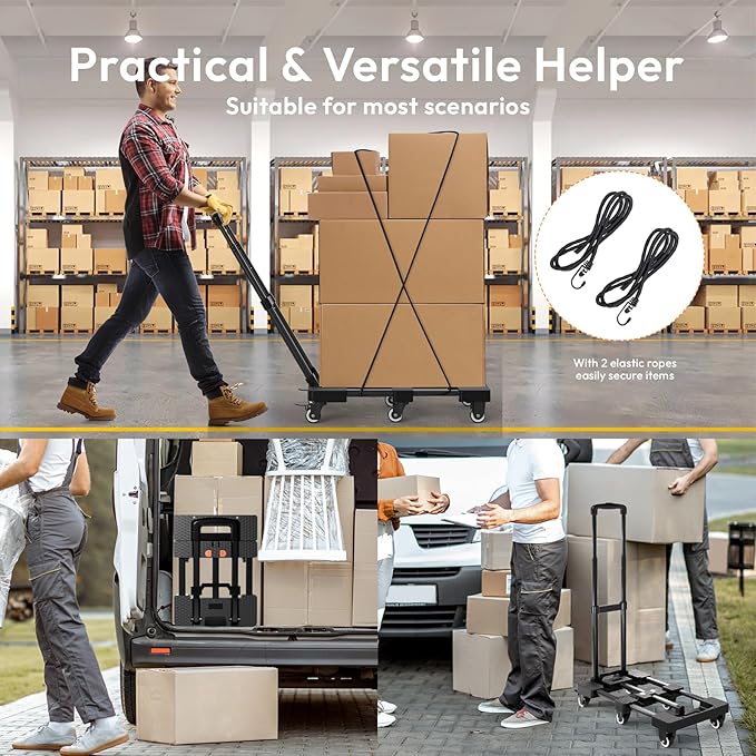Folding Hand Truck 500lbs, Portable Heavy Duty Dolly Cart, 6 Wheels Collapsible Luggage Cart with 2 Elastic Ropes - Compact Trolley Cart for Easy Moving - Ideal Hand Cart for Travel and More
