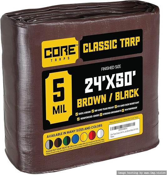 Core Tarps Classic 5 Mil Tarp Cover, Waterproof, UV Resistant, Rip and Tear Proof, Poly Tarpaulin with Reinforced Edges for Roof, Camping, Patio, Pool Cover, Boat (Brown/Black 24′ X 50′)