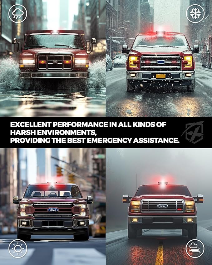 Xprite White Red Rooftop Emergency Strobe Light Bar, Beacon Safety Flashing Volunteer Firefighter Lights w/Magnetic Base for First Responder Vehicles Fire Trucks