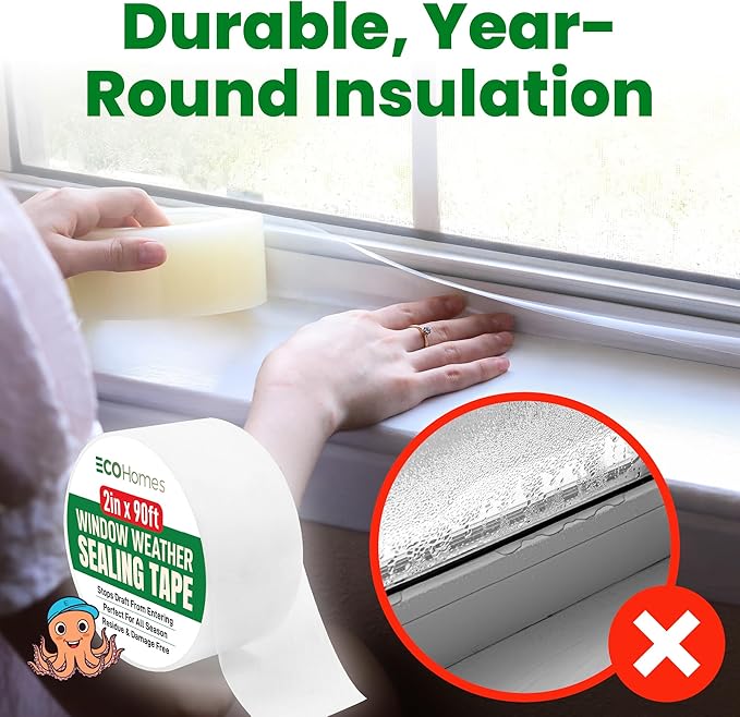 ECOHomes Window Weather Sealing Tape (2 Inch Wide) - Clear Weather Stripping Window Seal Tape Stops Draft from Entering Through Gaps, Windows, AC Unit - Insulation Seal for Air Conditioner, 180 Ft